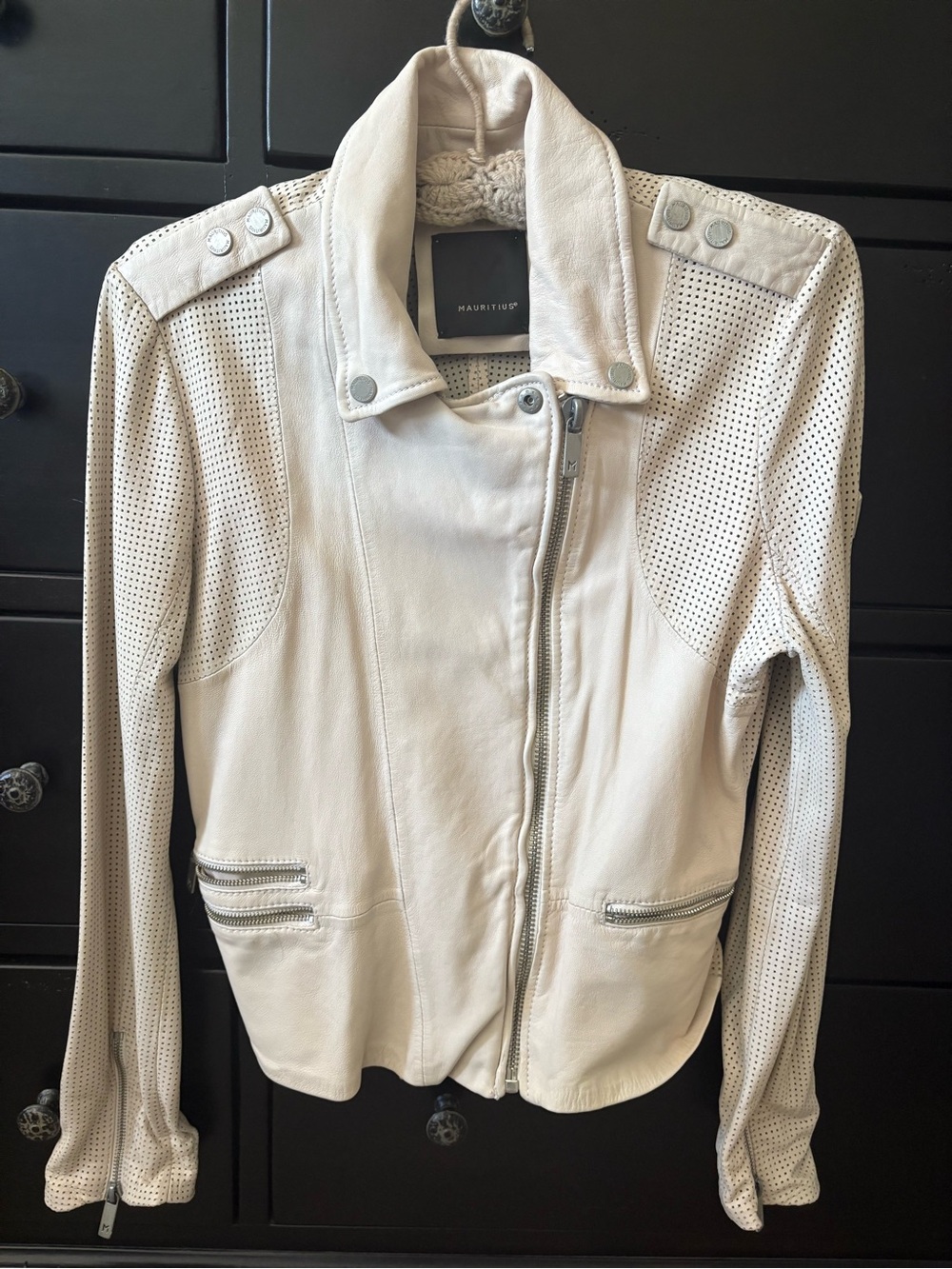 Mauri Off-White Perforated Leather Moto Jacket